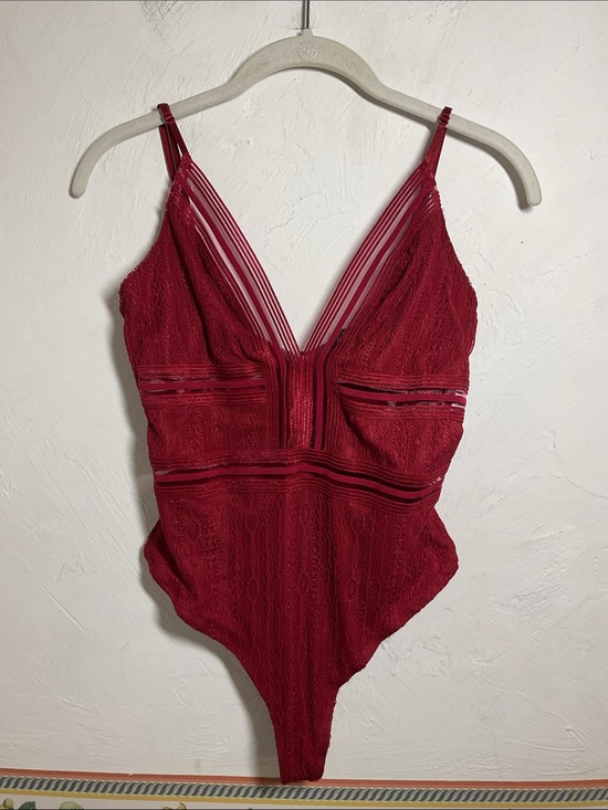 Lulus Tops - Lulus Casita Wine Red Lace Sheer Striped Plunging Sleeveless Bodysuit Size M